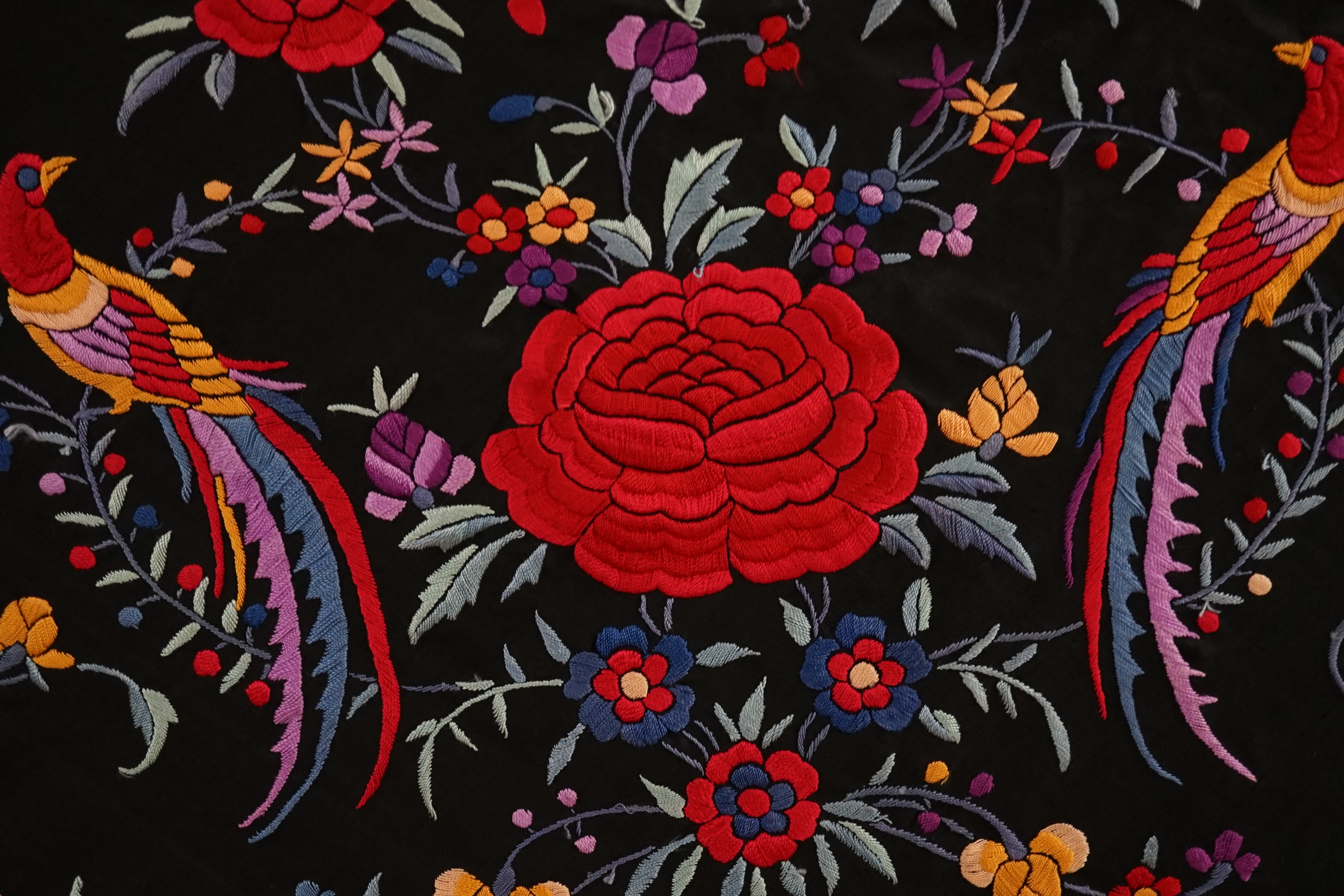 An early 20th century Chinese black silk fringed shawl with polychrome silk embroidery, embroidered with meandering floral design, the corners embroidered with three brightly coloured birds of paradise, large red roses a